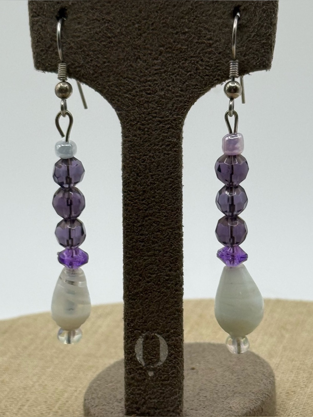 Handcrafted amethyst Bead and White Teardrop Dangle Earrings